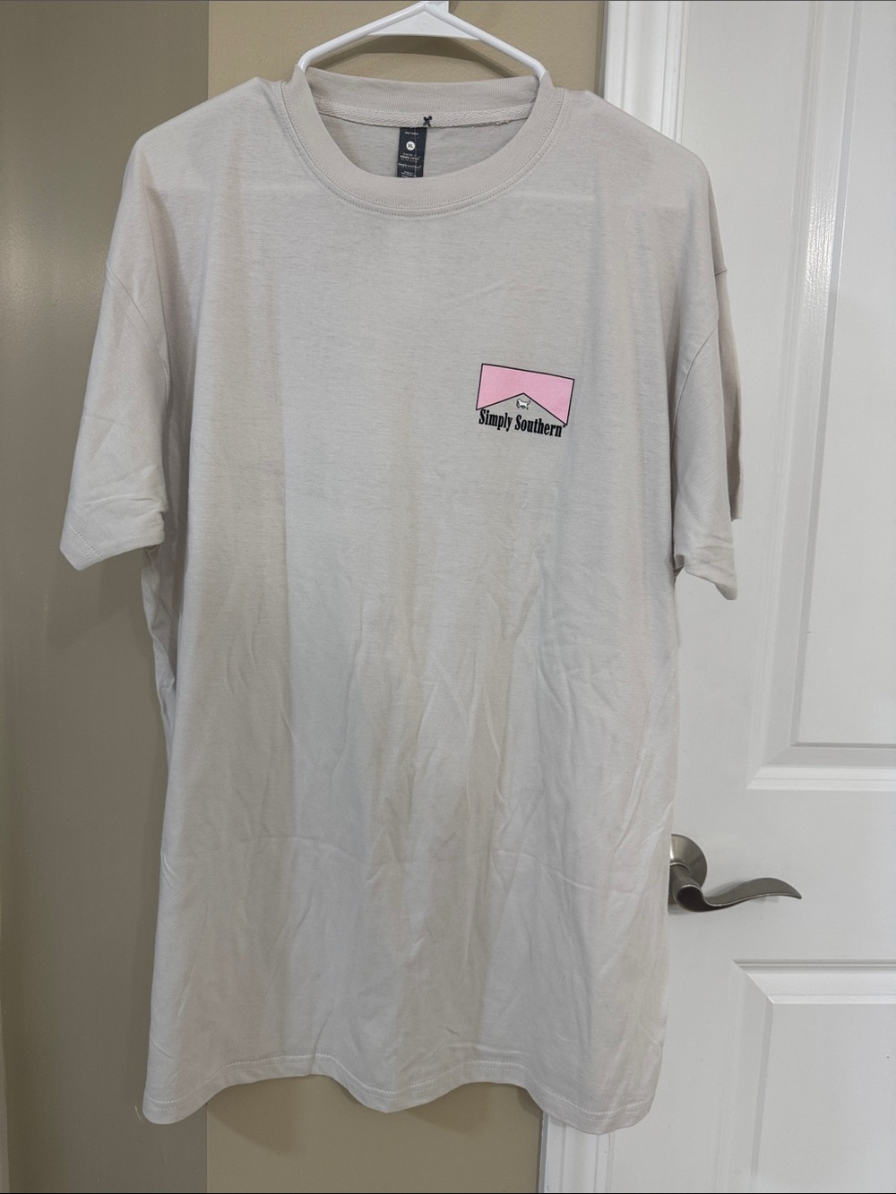 Simply Southern Beige Tee with Pink Chest Graphic